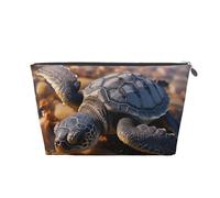 Bolsa de maquillaje de cuero para mujer, bolsa de aseo de viaje, bonita tortuga marina arrastrada en la playa, bolsa de cosméticos grande con cremallera, Silver, Talla única