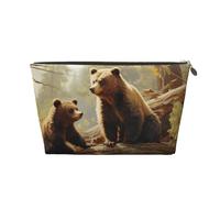 Bolsa de maquillaje de cuero para mujer, neceser de viaje, con bonitos osos que juegan en el árbol, bolsa de maquillaje grande con cremallera, Gold, Talla única