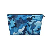 Bolsa de maquillaje de cuero para mujer, neceser de viaje, con patrón de camuflaje azul, bolsa de maquillaje grande con cremallera, Silver, Talla única