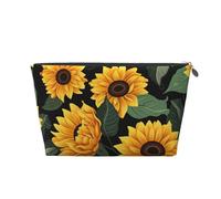 Bolsa de maquillaje de cuero para mujer, neceser de viaje, con patrón de girasol, bolsa de maquillaje grande con cremallera, Silver, Talla única