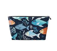 Bolsa de maquillaje de cuero para mujer, neceser de viaje, con patrón de peces, bolsa de maquillaje grande con cremallera, Silver, Talla única