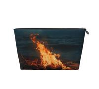 Bolsa de maquillaje de cuero para mujer, neceser de viaje Fire by The Sea, bolsa de maquillaje grande con cremallera, Silver, Talla única