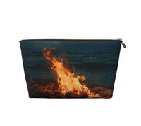 Bolsa de maquillaje de cuero para mujer, neceser de viaje Fire by The Sea, bolsa de maquillaje grande con cremallera, Gold, Talla única