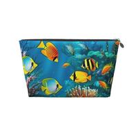Bolsa de maquillaje de cuero para mujer, neceser de viaje The Underwater World, bolsa de cosméticos de peces tropicales, bolsa de maquillaje grande con cremallera, Silver, Talla única