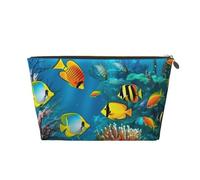 Bolsa de maquillaje de cuero para mujer, neceser de viaje The Underwater World, bolsa de cosméticos de peces tropicales, bolsa de maquillaje grande con cremallera, Gold, Talla única