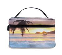 Bolsa de Maquillaje de Cuero, Playa, océano, Amanecer, Palmera Tropical, Isla, Puesta de Sol Hawaiana, Olas del mar, Verano, Bolsas de Maquillaje portátiles Impermeables