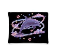 Bolsa de maquillaje de delfín de fantasía, bolsa de viaje de animales cósmicos violeta para mujer, organizador portátil de lona con cremallera, regalo para amantes de la playa, estuche de aseo de