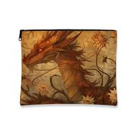 Bolsa de maquillaje de dragón de fantasía, bolsa de viaje artística floral para mujer, organizador portátil de lona con cremallera, regalo para festivales, Marrón, 7x9 Inch, Dragón