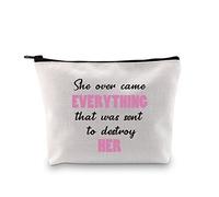 Bolsa de maquillaje de empoderamiento para mujer, con texto en inglés "She Over Came Everything That was Sent to Destroy Her Gift para mujeres fuertes feministas, She Over Came Everything