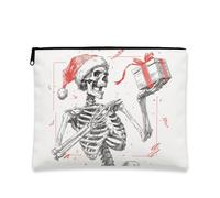 Bolsa de maquillaje de esqueleto de Navidad, vintage, dibujada a mano, bolsa de cosméticos para mujer, bolsa portátil de lona con cremallera, organizador festivo para el cuidado de la piel, Blanco