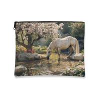Bolsa de maquillaje de fantasía, bolsa de viaje con diseño floral de caballo blanco para mujer, organizador portátil de lona con cremallera, regalo de primavera, bolsa de aseo para el cuidado de la