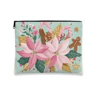 Bolsa de maquillaje de flor de pascua, bolsa de viaje para cosméticos de vacaciones con flores de melocotón para mujer, bolsa pequeña portátil de lona con cremallera, organizador de neceser navideño