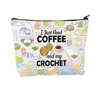Bolsa de maquillaje de ganchillo para café, regalo de ganchillo con texto en inglés "I Just Need Coffee and My Crochet, bolsa de cosméticos divertida de ganchillo, regalos de ganchillo, Bolsa de