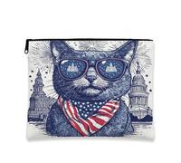 Bolsa de maquillaje de gato azul ruso del 4 de julio de 7 x 9 pulgadas para bolso de viaje, bolsa de cosméticos patriótica de 250 años para mujeres, aniversario americano, organizador portátil de lona
