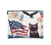 Bolsa de maquillaje de gato Bombay del 4 de julio de 7 x 9 pulgadas para bolso de viaje, bolsa de cosméticos de aniversario americano de 250 años para mujeres, organizador de lona portátil patriótico