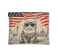 Bolsa de maquillaje de gato siberiano del 4 de julio de 7 x 9 pulgadas para bolsa de viaje, bolsa de cosméticos vintage de aniversario para mujer, organizador patriótico portátil de lona con