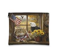 Bolsa de maquillaje de gato siberiano del 4 de julio de 7 x 9 pulgadas para bolso de viaje, bolsa de cosméticos de granja de 250 años para mujeres, aniversario patriótico, organizador portátil de lona