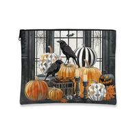 Bolsa de maquillaje de Halloween, con patrón de cuervo y calabaza, bolsa de viaje para mujeres, organizador portátil de lona con cremallera, bolsa de aseo de regalo para festivales de otoño, Negro