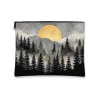 Bolsa de maquillaje de montaña y puesta de sol, bolsa de viaje artística de bosque negro para mujer, organizador portátil de lona con cremallera, perfecto para aventuras al aire libre, Negro, 7x9 Inch