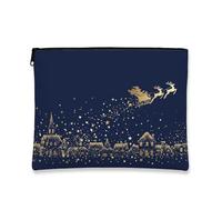 Bolsa de maquillaje de Navidad azul marino, trineo dorado y estrellas, bolsa de viaje para mujeres, organizador portátil pequeño con cremallera, bolsa de aseo festiva, Azul marino, 7x9 Inch, Trineo