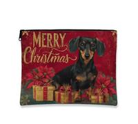 Bolsa de maquillaje de Navidad, diseño de perro salchicha y flor de pascua, bolsa de viaje para mujeres, organizador portátil de lona pequeño con cremallera, para la temporada, Rojo -, 7x9 Inch, Perro