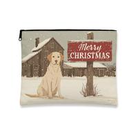 Bolsa de maquillaje de Navidad, diseño de perro y letrero, bolsa de viaje vintage para mujeres, organizador portátil de lona con cremallera, bolsa de aseo de vacaciones, Beige, 7x9 Inch, Perro
