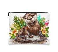 Bolsa de maquillaje de nutria, bonita bolsa de viaje de cosméticos de animales para mujer, organizador portátil de lona con cremallera, para festivales de verano, Blanco, 7x9 Inch, Nutria