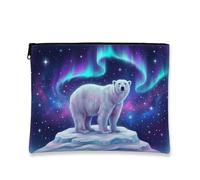 Bolsa de maquillaje de oso polar, bolsa de cosméticos Galaxy Aurora para mujer, organizador portátil de lona con cremallera, bolsa de aseo de viaje de invierno, Blanco, 7x9 Inch, Oso