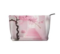 Bolsa de maquillaje de pana con diseño de flor de cerezo rosa, bolsa de cosméticos versátil con cremallera para uso diario y organizador de capacidad de viaje, Black, Talla única