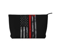 Bolsa de maquillaje de pana con diseño de hacha de bombero con bandera de línea roja, versátil bolsa de cosméticos con cremallera para uso diario y organizador de capacidad de viaje, Black, Talla