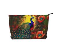 Bolsa de maquillaje de pana con flores de pavo real, versátil bolsa de cosméticos con cremallera para uso diario y organizador de capacidad de viaje, Black, Talla única