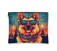 Bolsa de maquillaje de pastor alemán del 4 de julio de 7 x 9 pulgadas para bolso de viaje, bolsa de cosméticos patriótica de 250 años para mujeres, aniversario americano, organizador portátil de lona