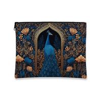 Bolsa de maquillaje de pavo real, bolsa de viaje para cosméticos, diseño floral exótico azul y dorado para mujer, organizador portátil de lona grande con cremallera, bolsa de aseo de regalo para