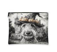 Bolsa de maquillaje de perro Airedale Terrier de Halloween de 7 x 9 pulgadas para bolsa de viaje, divertida bolsa de cosméticos con estampado de bruja vintage para mujeres, regalo de casas encantadas