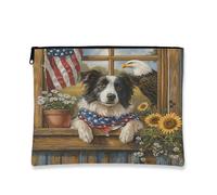 Bolsa de maquillaje de perro Border Collie del 4 de julio de 7 x 9 pulgadas para bolso de viaje, bolsa de cosméticos con patrón de granja de 250 años para mujeres, organizador portátil de lona con