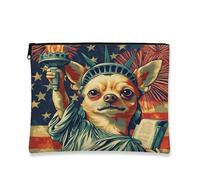 Bolsa de maquillaje de perro chihuahua del 4 de julio de 7 x 9 pulgadas para bolsa de viaje, bolsa de cosméticos vintage de aniversario de 250 años para mujeres, organizador patriótico portátil de