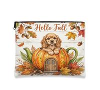 Bolsa de maquillaje de perro Cocker Spaniel de otoño, bolsa de viaje para cosméticos de hojas de madera para mujer, organizador portátil de lona con cremallera, bolsa de aseo de otoño de 7 x 9