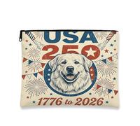 Bolsa de maquillaje de perro de los Grandes Pirineos de 250 años, bolsa de viaje vintage para cosméticos del 4 de julio para mujeres y niñas, organizador portátil americano de lona con cremallera, 7 x