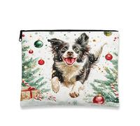 Bolsa de maquillaje de perro de Navidad, bolsa de cosméticos festiva Border Collie para mujeres, organizador portátil de lona con cremallera, bolsa de aseo para amantes de los animales de invierno, 7