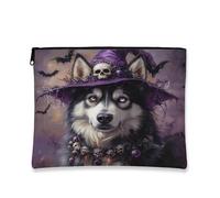 Bolsa de maquillaje de perro malamute de Alaska de Halloween de 7 x 9 pulgadas para bolso de viaje, divertido diseño gótico de murciélago de bruja para mujeres, organizador portátil de lona con