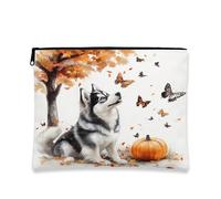 Bolsa de maquillaje de perro Malamute de Alaska de otoño de 7 x 9 pulgadas para bolso de viaje, bolsa de cosméticos de árbol de calabaza de otoño para mujer, divertido organizador de lona portátil con
