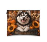 Bolsa de maquillaje de perro Malamute de Alaska de otoño de 7 x 9 pulgadas para bolso de viaje, bolsa de cosméticos vintage con patrón otoñal para mujeres, organizador portátil de lona con cremallera