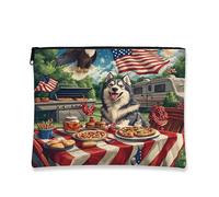 Bolsa de maquillaje de perro Malamute de Alaska del 4 de julio de 7 x 9 pulgadas para bolsa de viaje, 250 años de bolsa de cosméticos para barbacoa, organizador portátil de lona con cremallera para