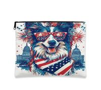 Bolsa de maquillaje de perro Rough Collie del 4 de julio de 7 x 9 pulgadas para bolso de viaje, bolsa de cosméticos patriótica de 250 años para mujeres, aniversario americano, organizador portátil de