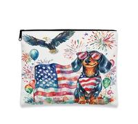 Bolsa de maquillaje de perro salchicha del 4 de julio de 7 x 9 pulgadas para bolso de viaje, bolsa de cosméticos con patrón de aniversario americano de 250 años, organizador patriótico portátil de