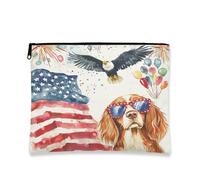 Bolsa de maquillaje de perro setter irlandés del 4 de julio, 7 x 9 pulgadas para bolso de viaje, bolsa de cosméticos con patrón de aniversario americano de 250 años, organizador patriótico portátil de