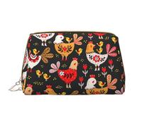 Bolsa de maquillaje de piel con cierre de cremallera y diseño de gallinas de gallo, White, Talla única