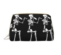 Bolsa de maquillaje de piel con cremallera de mano para Halloween, diseño de calavera de esqueleto, bonito estuche de maquillaje grande con apertura amplia, White, Talla única