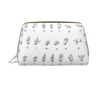 Bolsa de maquillaje de piel con cremallera y diseño de alfabeto de lenguaje de señas, organizador de viaje, color blanco, talla única, Blanco, One Size