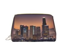 Bolsa de maquillaje de piel con cremallera y estampado de horizonte de Los Ángeles, bolsa de cosméticos, organizador de viaje, Blanco, Talla única